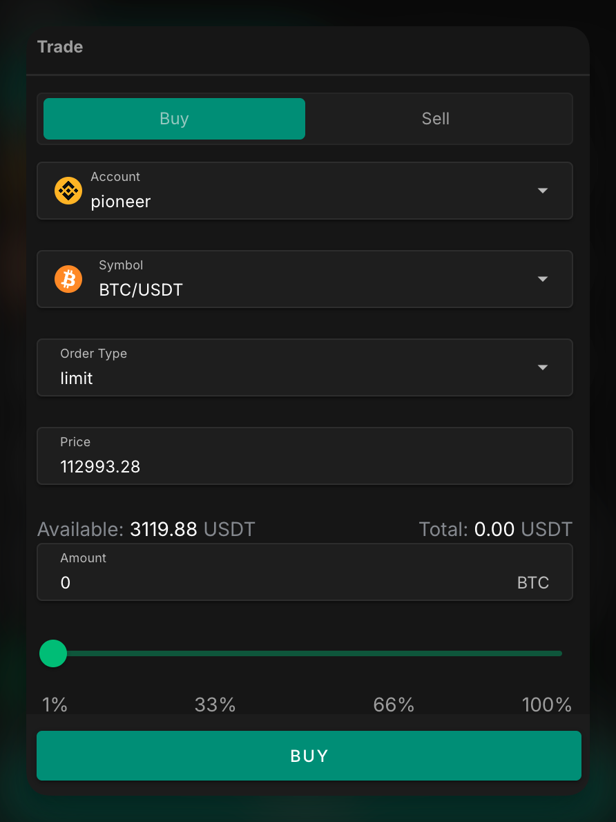 A close-up of the trade panel, with fields for account, symbol, order type, price, and amount
