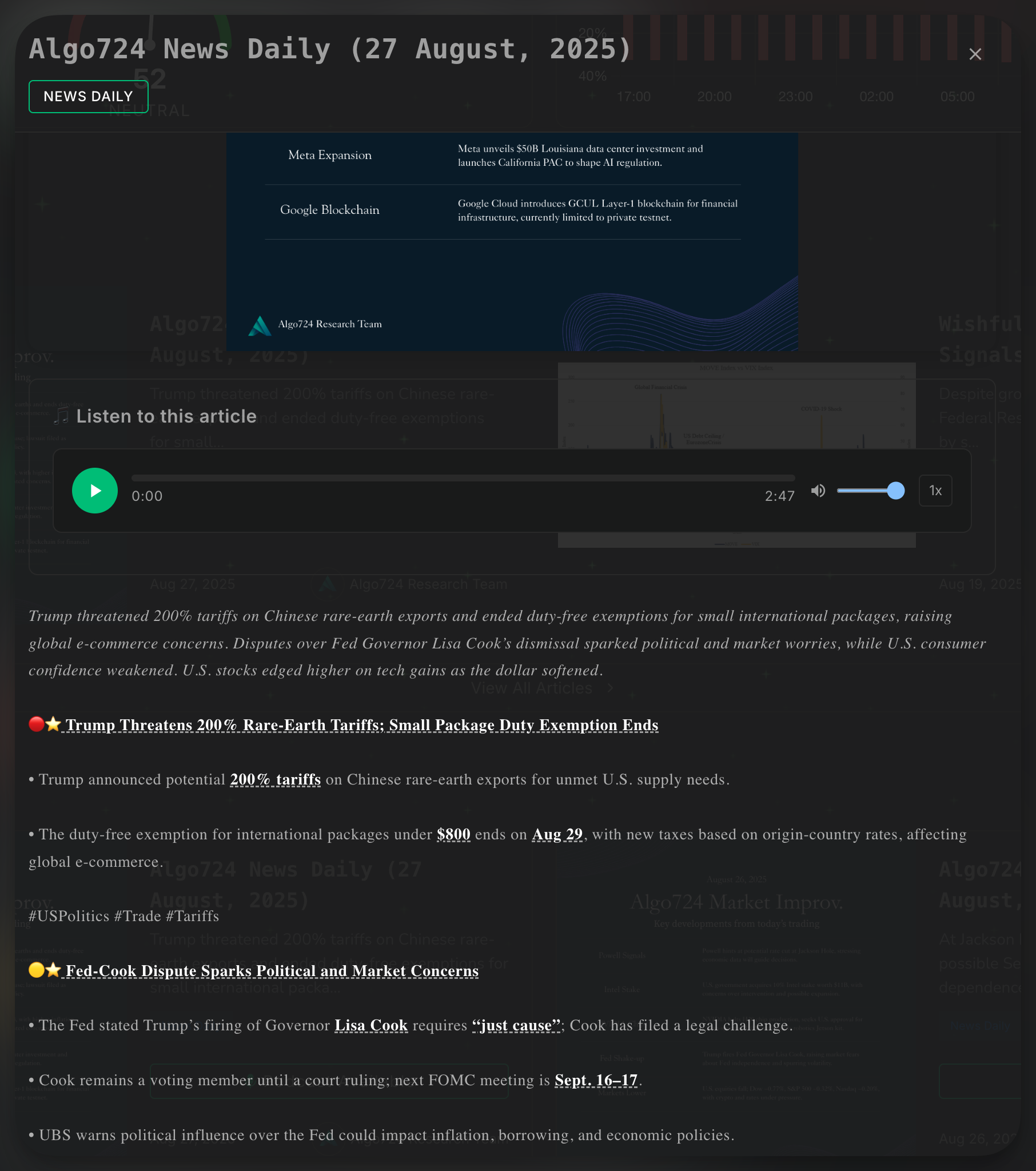 The detailed view of a news article with full text and analysis