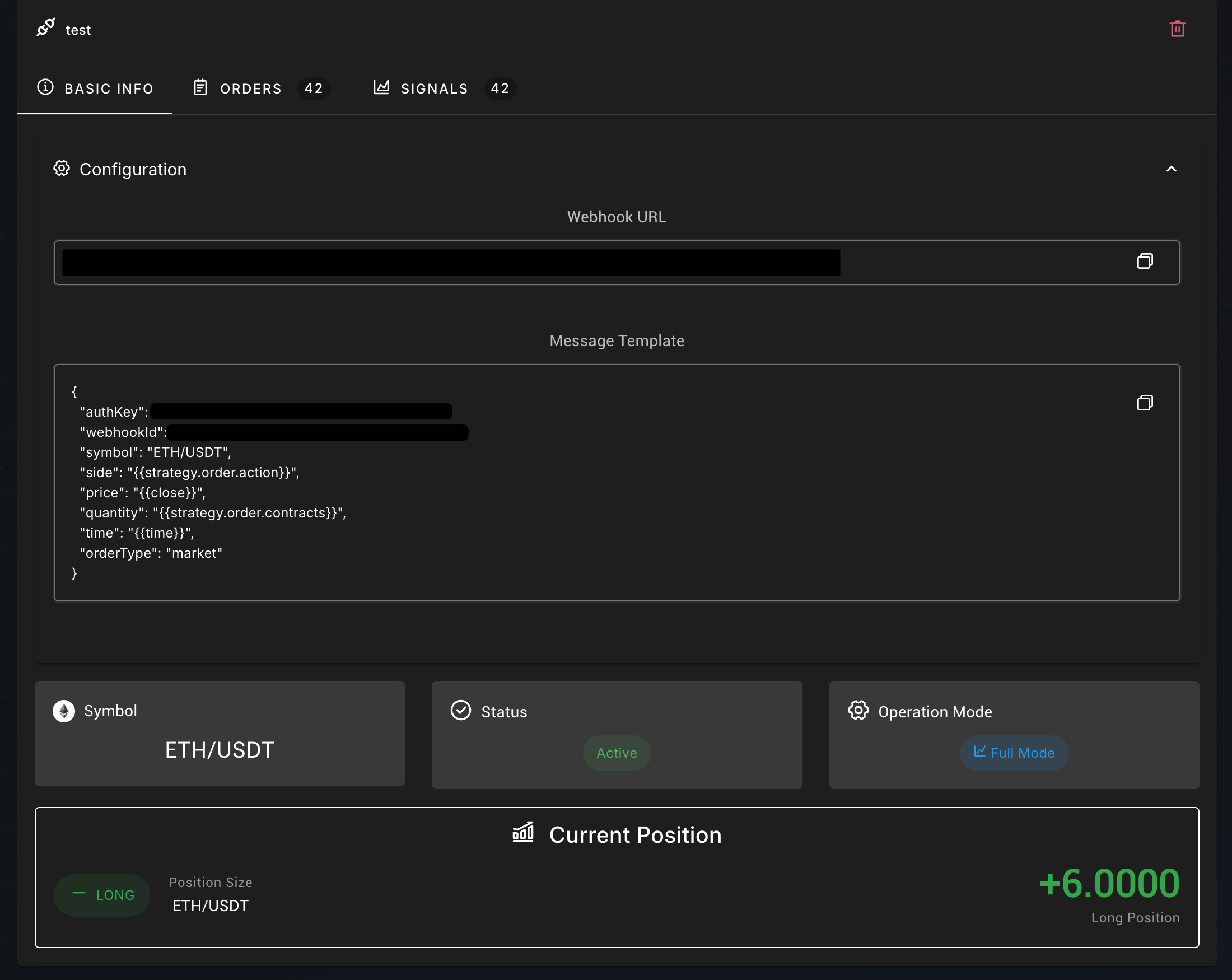 The 'Basic Info' tab for a webhook, displaying configuration details and the current long position