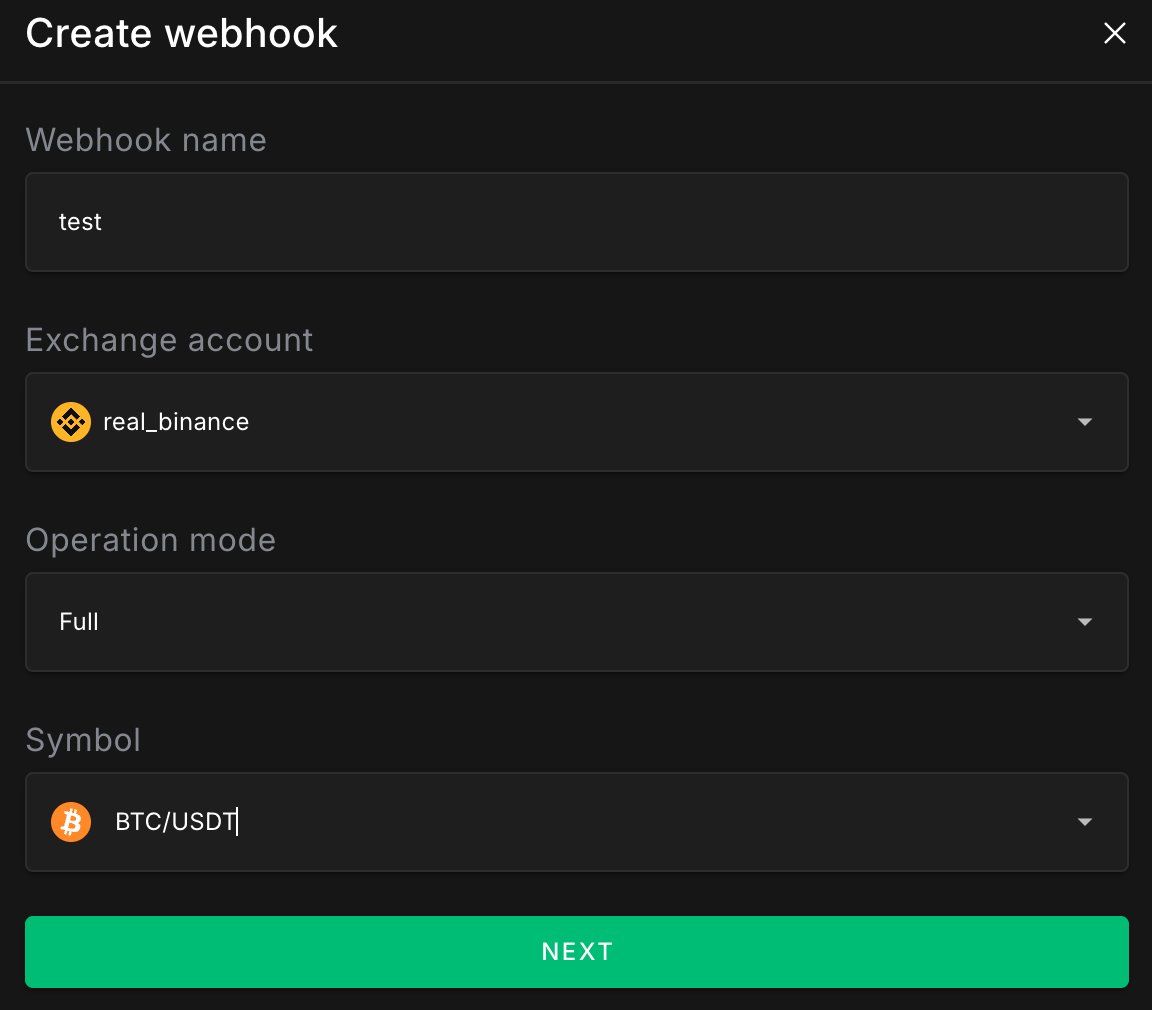 The 'Create webhook' modal, first step, showing fields for name, account, operation mode, and symbol