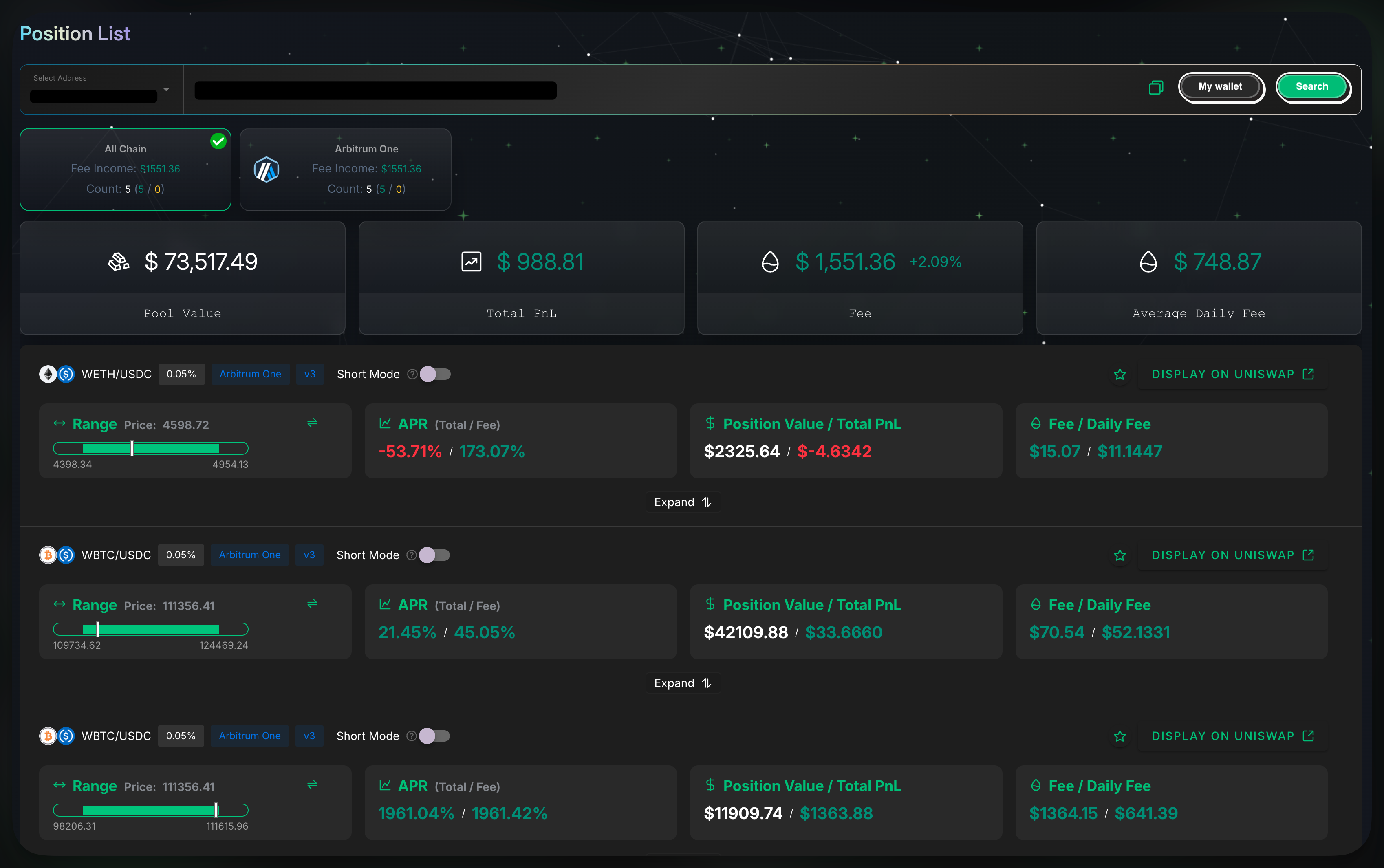 The main dashboard of Lens, displaying summary stats and a list of individual Uniswap LP positions